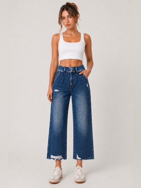 Flying Monkey Denim - Flying Monkey High Waist Distressed Crop Jeans Size 26 | Pleated Wide Leg